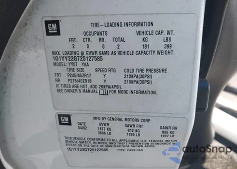 2002 Chevrolet Corvette из США, поврежденный, VIN 1G1YY22G725127585